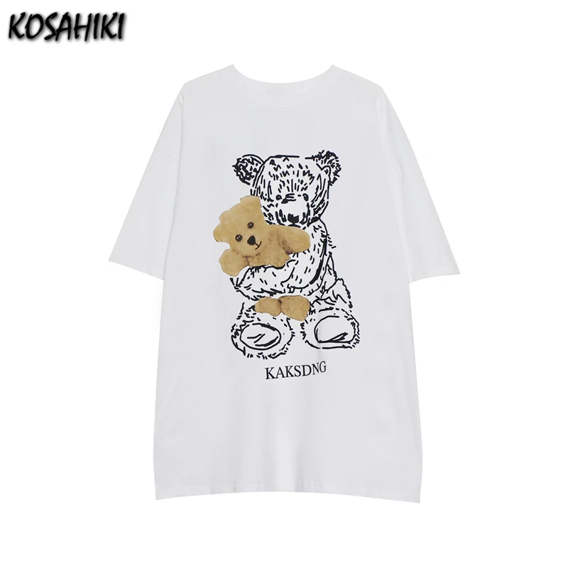 

KOSAHIKI Harajuku Streetwear Bear Print Short Sleeve T-Shirt Women Summer Csaual Loose T Shirts Tops Aesthetic Graphic Tees