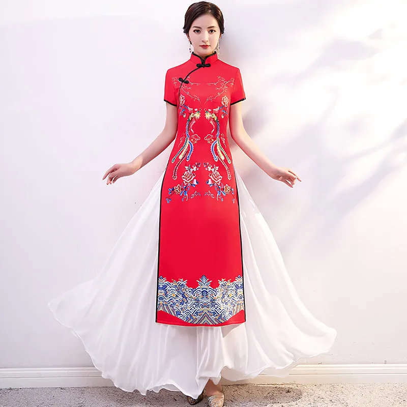 

Autunm New Print Aodai Catwalk Dress Chinese Traditional Women Qipao Mandarin Collar Novelty Lady Cheongsam Plus Size 5XL