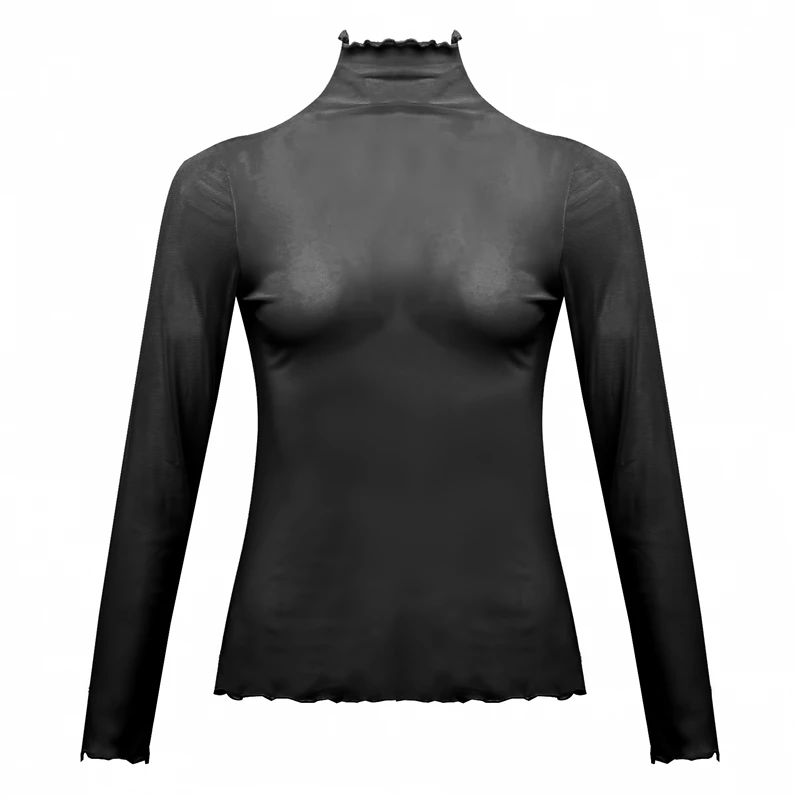 

Sexy Solid Color Fungus High Neck Lace See Through Women Tshirt Retro Temperament Mesh Women's T-shirt Office Lady Splice TShirt