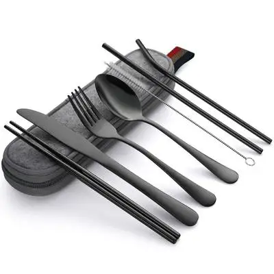 

8Pcs/set Tableware Reusable Travel Cutlery Set Camp Utensils Set with stainless steel Spoon Fork Chopsticks Straw Portable case