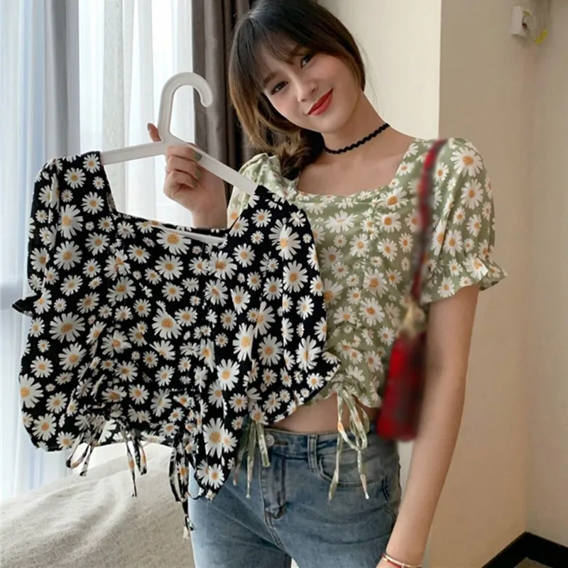 

Harajuku Floral Print Square Collar Blouses Drawstring Bubble Sleeve Short Shirt Women Summer Sweet Tops