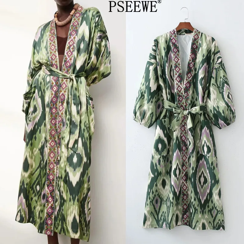 Платье кимоно PSEEWE Za женское средней длины зеленый сарафан с принтом длинным
