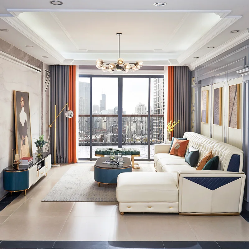 Итальянский светлый роскошный кожаный диван для гостиной в гонконгском стиле