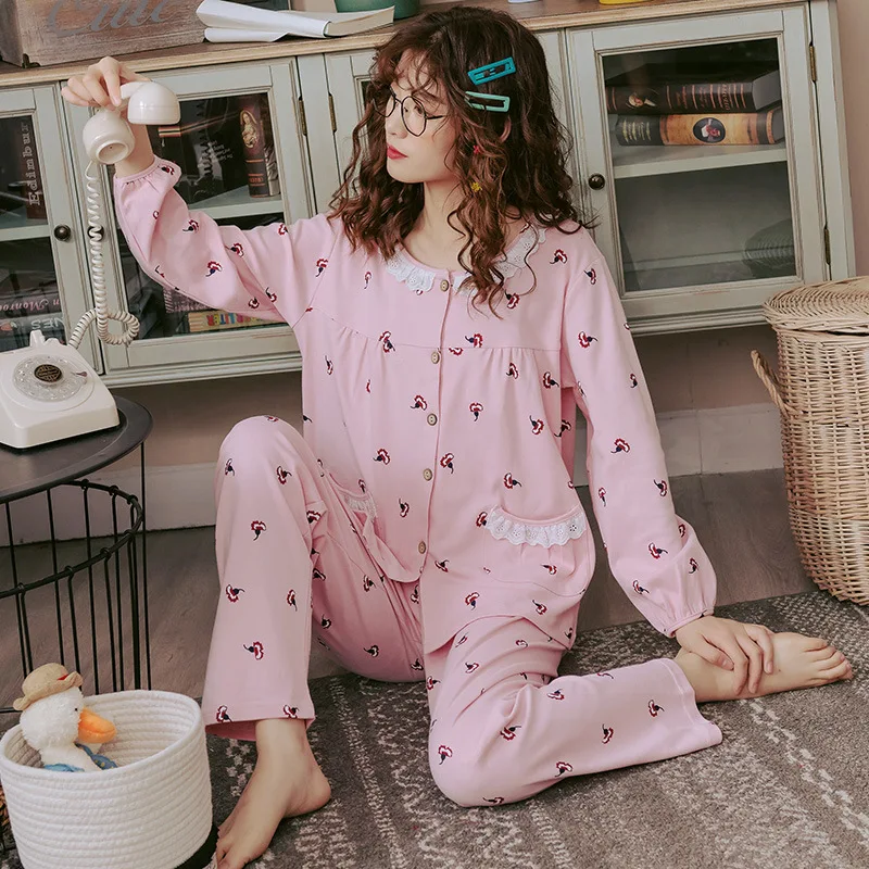 

XIFER Cotton Pajamas Women XXXL Spring and Autumn Long-sleeved Trousers Loose Large Size Homewear Two-piece Pajamas Pink Yellow
