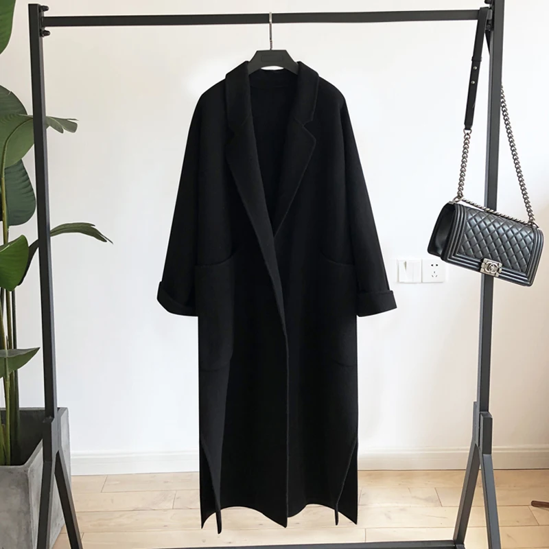 Зимнее шерстяное пальто женское корейское двухстороннее кашемировое длинное с