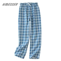 nibessermens home pants cotton flannel autumn winter warm sleep bottoms male plus size plaid print sleepwear pants for men