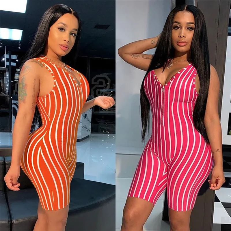

V-neck Front Zipper Bodycon Jumpsuit Romper 2020 Sexy Women Sleepwear Sleeveless Striped Jumpsuit Short Romper Bodysuit Leotard