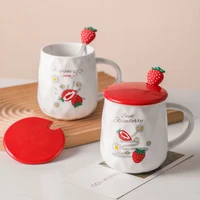 cute ceramic mug with lid spoon cartoon strawberry durian water cup korean summer creative couple cups coffee milk tea mugs