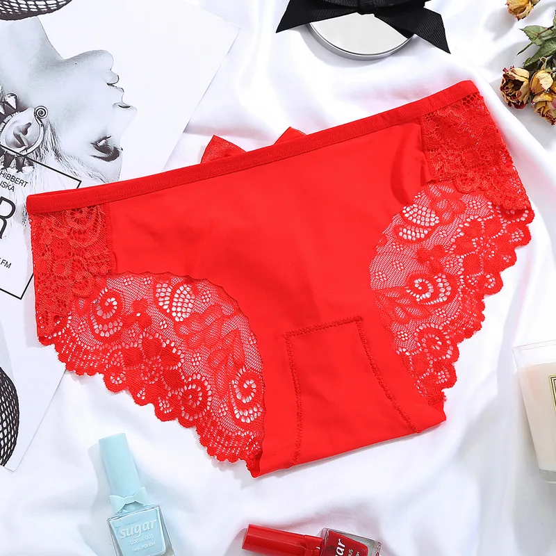 

2021 4-Pack Natal Year Women's Underwear Sexy Cotton Low-Rise Lace Big Red Underwear Wedding Briefs Year Of the Ox