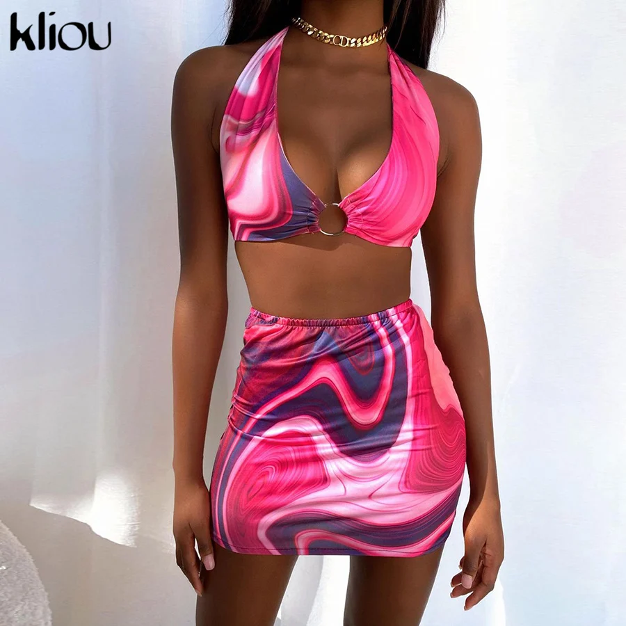 

Kliou Tie Dry Two Piece Set Women 2021 Sexy Halter Sequined Beachwear Cleavage Crop Top+Mini Skirt Suit Female Outfits