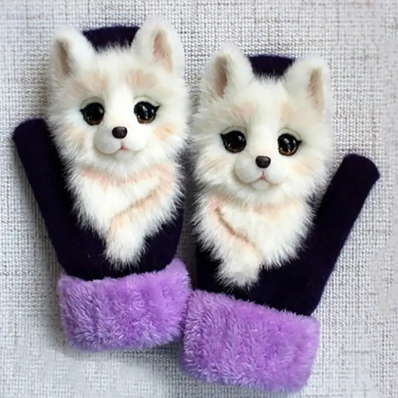 

Зимние трикотажные перчатки милые 3D пушистые Мультяшные животные Декор утолщенные плюшевые подкладки ветрозащитные теплые варежки наряд ...