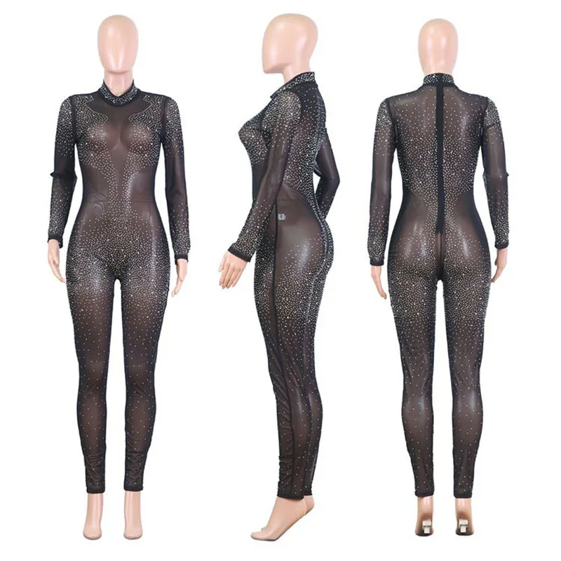 2020 популярный сетчатый Прозрачный женский комбинезон со стразами Модный цельный