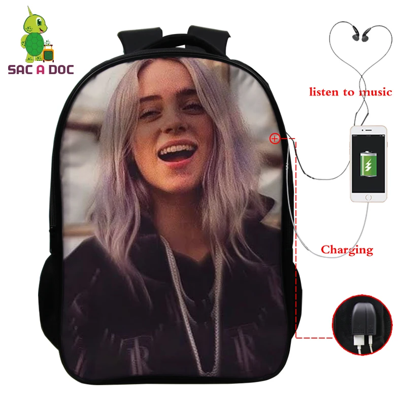 Светло-зеленый Billie Eilish рюкзак, школьные сумки, 16 дюймов, Детские рюкзаки, детский рюкзак для девочек, рюкзак для путешествий, рюкзак с USB зарядкой - Цвет: Светло-зеленый