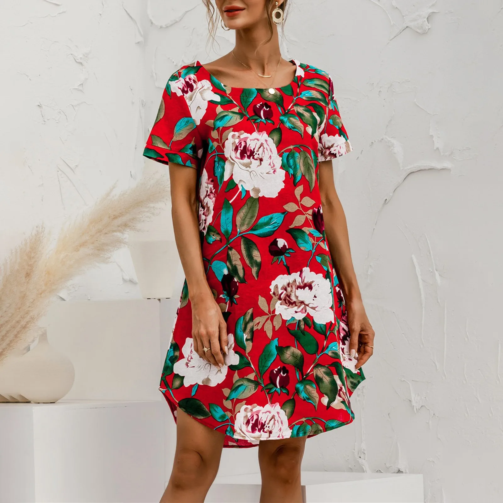 

2021 Women's Casual Loose Short Sleeve Round Neck Flower Prined Short Dress vestidos de mujer casual