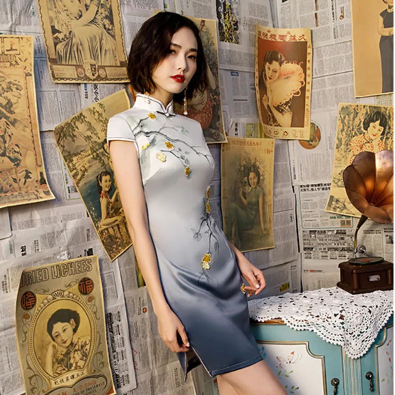 Sheng Coco градиент китайский Cheongsam короткие женские новые 3D Цветы Печать китайское платье Ципао Восточный стиль шелк Qi Pao