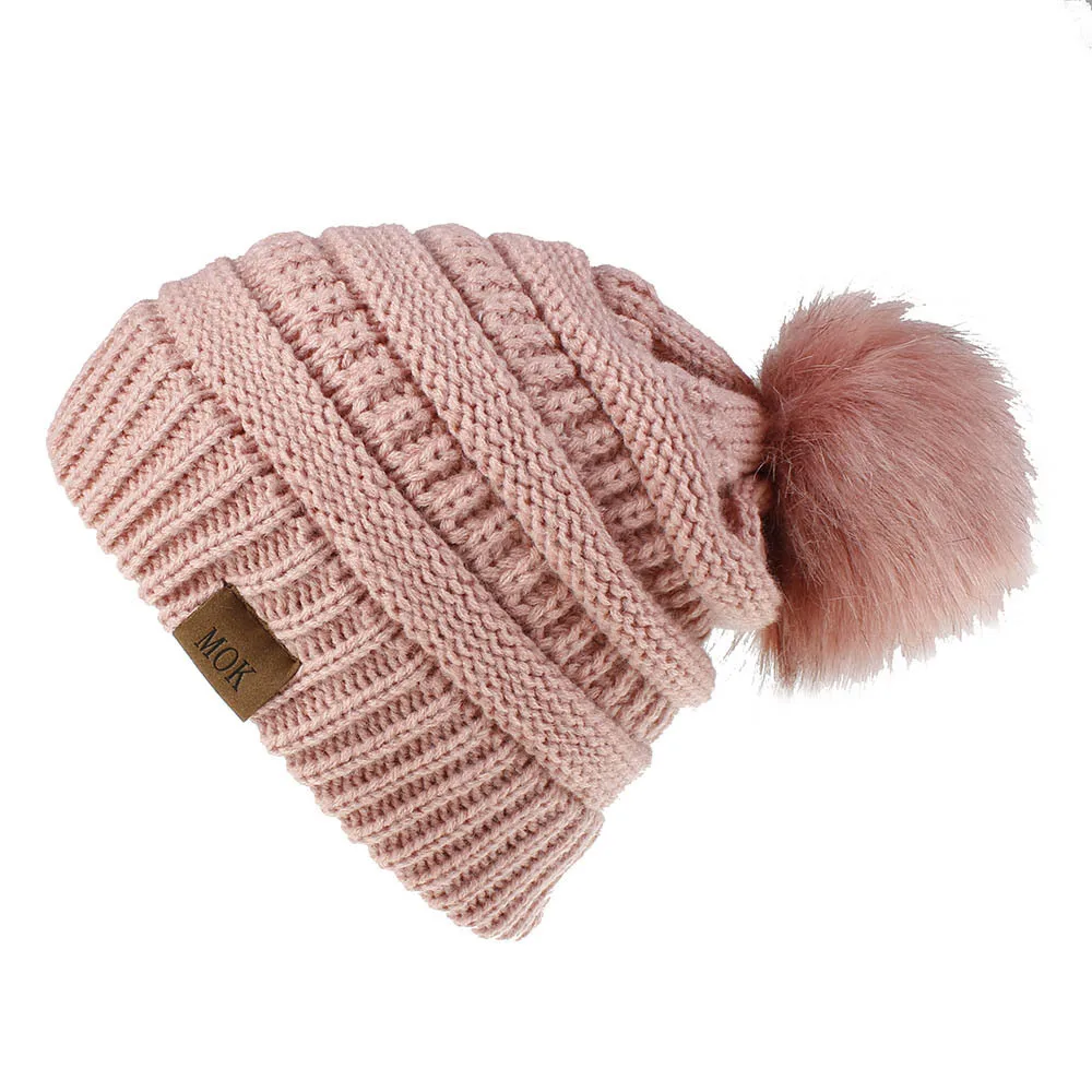 Вязаная вязаная шапка с ушками из искусственного меха, зимняя вязаная шапка, мешковатая шапка с черепом, шапки с помпонами из натурального меха для девочек