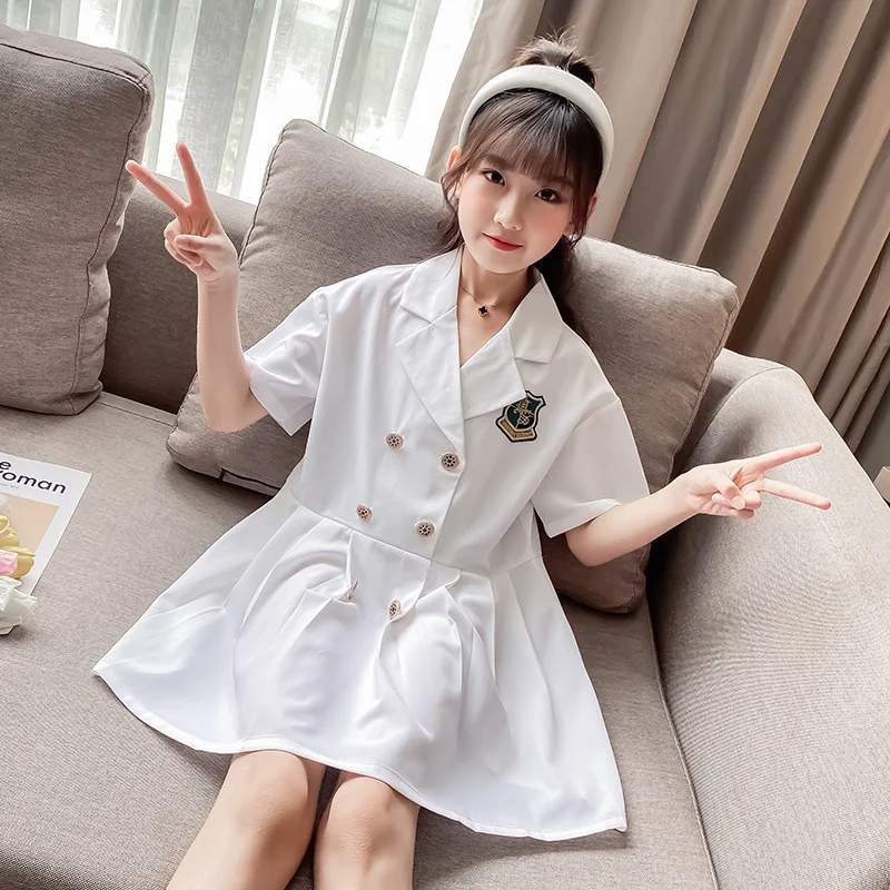 

Girls College Dresses 2021 Summer New Teen Girls Dress Cotton Preppy Style Sailor Collar Short Sleeve Lapel suit dress