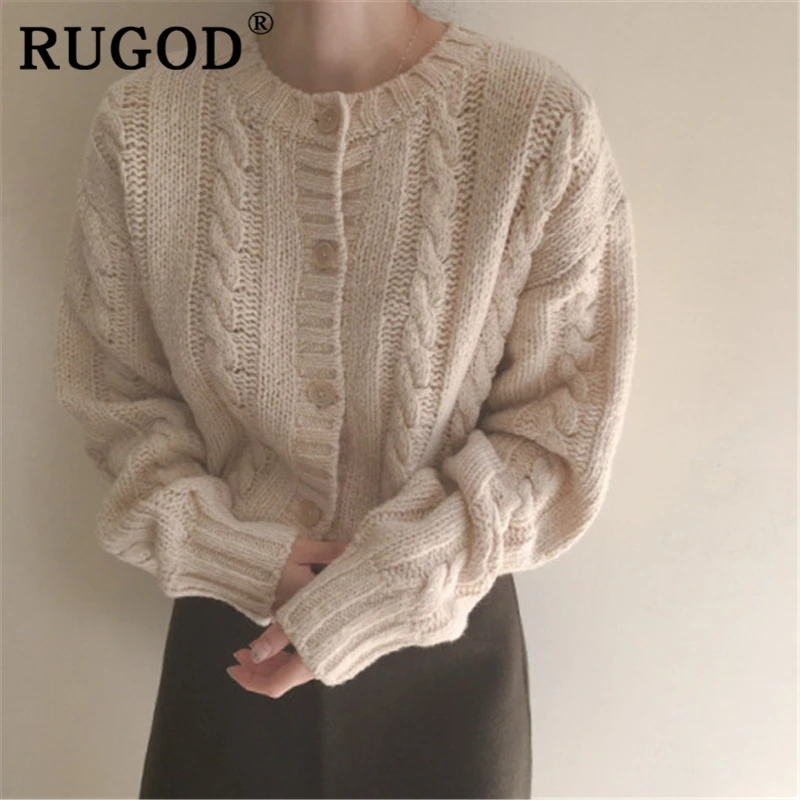 RUGOD элегантный вязаный женский кардиган корейский стиль круглый воротник витая