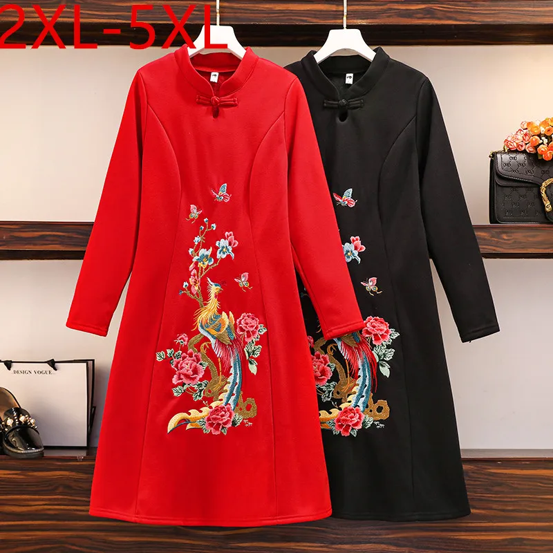

Plus Size Dress For Women 2021 Autumn Chinese Style Solid Mandarin Collar Long Sleeve Floral Phoenix Embroidery Loose Dresses