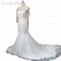 luxury mermaid wedding dress high quality beaded lace one shoulder three quarter sleeves bridal gown factory real photos
