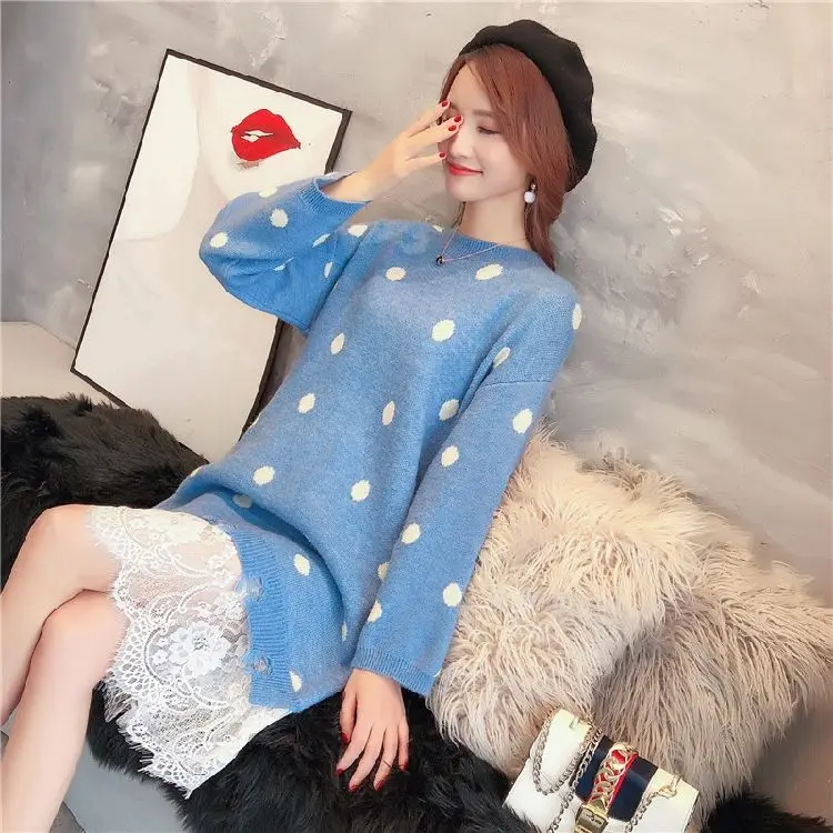 Женское трикотажное платье-свитер прямое платье средней длины в горошек