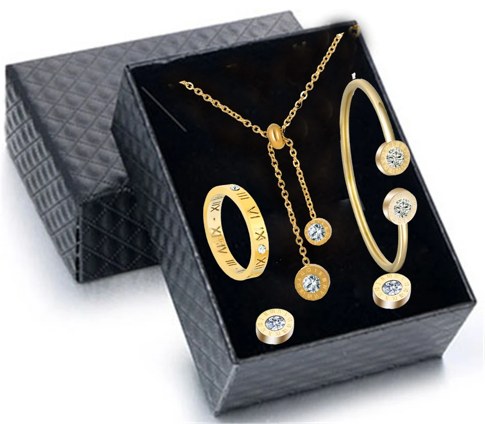 Ожерелье с кристаллами из циркона серьги браслет кольцо набор нержавеющей стали