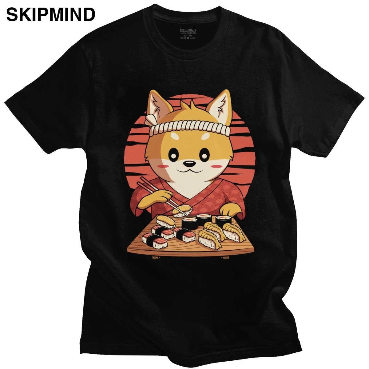 

Kawaii Shiba Inu Dog T Shirt Men 100% Cotton Graphic T-shirt Short Sleeved Funny Eating Japanese Sushi Tshirt Anime Tee Top Gift