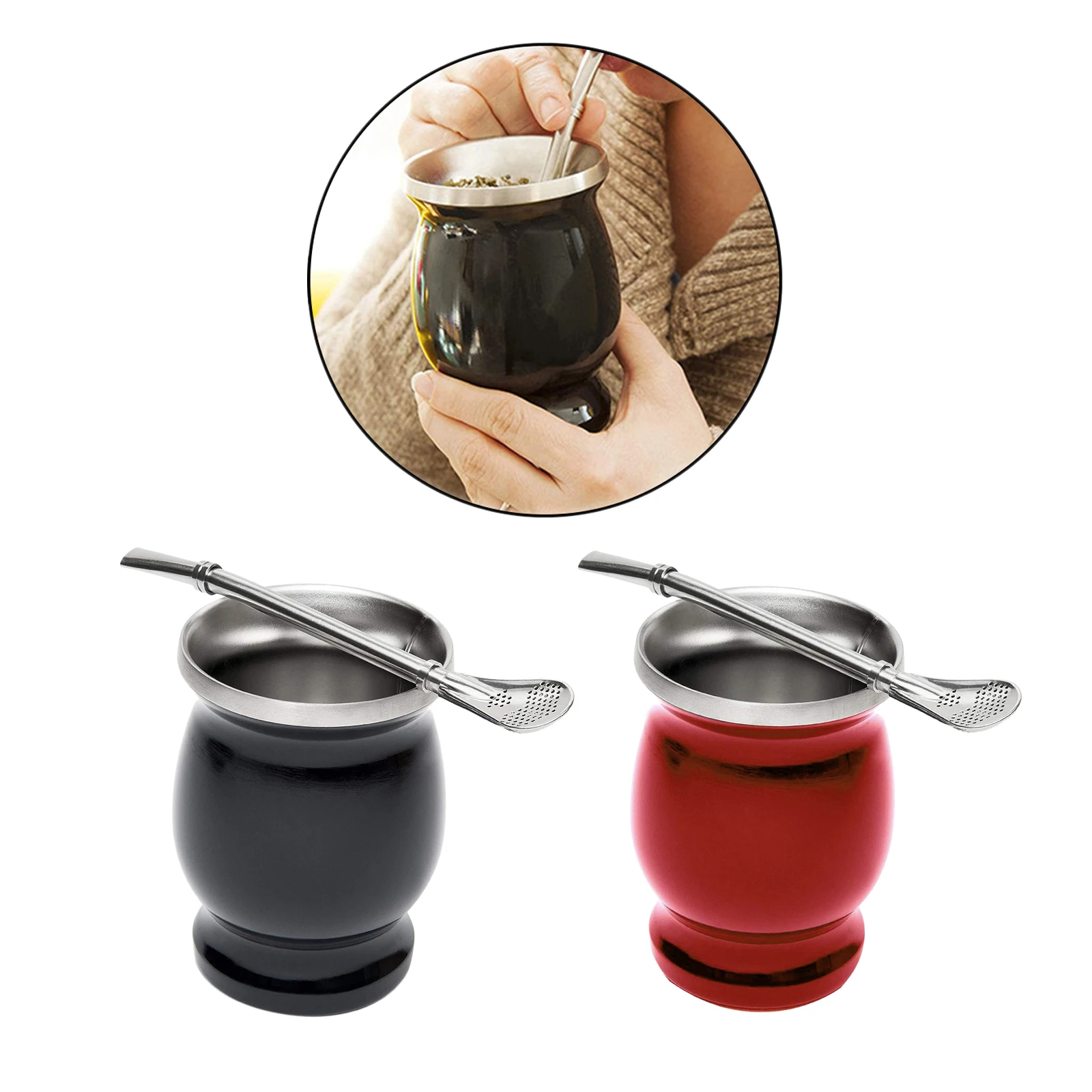 

Stainless Steel Double Walled Modern Yerba Mate Gourd Mate Cup Double Walled Mug with Straw Spoon Gift Traditional Mate Cup