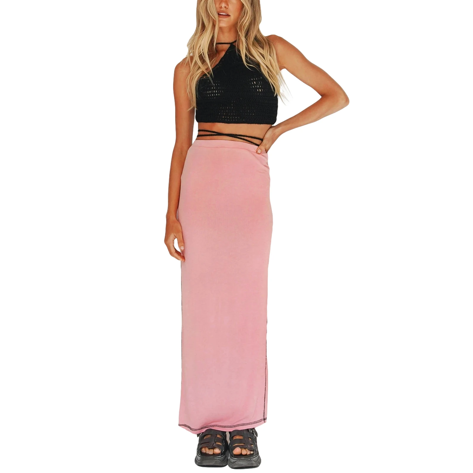 

2021 Fashion Trend Women Casual Close-fitting Long Skirt Pink Elastic High Waist Slit Long Fitting Buttoms for Summer