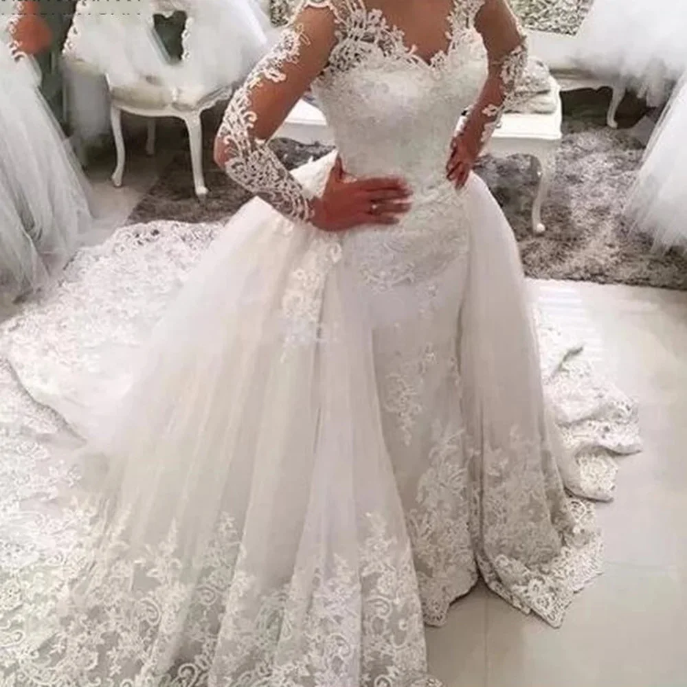 

WUZHIYI Luxury Mermaid Wedding Dress With Detachable Skirt Appliques Beaded Long Sleeves Bridal Marriage Gowns Plus Size 2022