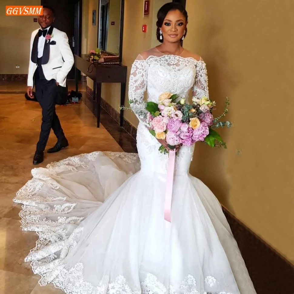 

Роскошные свадебные платья Русалочки 2020 Свадебные платья с круглым вырезом и длинными рукавами с кружевной аппликацией, вышитое бисером, п...