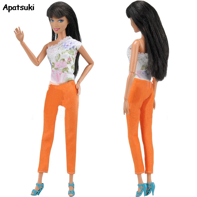 

1 шт. кружевной Цветочный Топ на одно плечо оранжевые длинные брюки комплект одежды для куклы Барби одежда повседневная одежда детский Кукольный домик игрушка