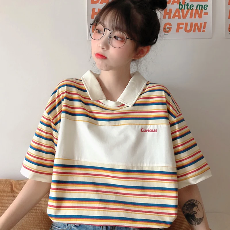 

2020 Summer Fashion T Shirt Women Harajuku High Streetwear Cartoon Striped Turn Down Collar Loose Tshirt Tops Plus Size L0884