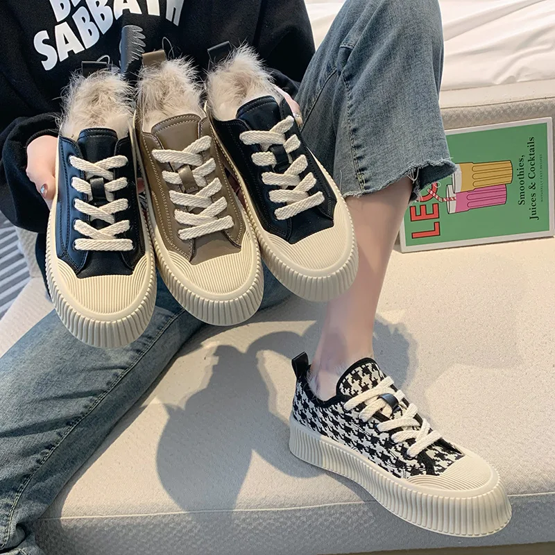 

2021 Winter Women Sneakers Thick Bottom Lace-up Women Vulcanized Shoes High Quality Slip on Plus Velvet Keep Warm Flats Shoes
