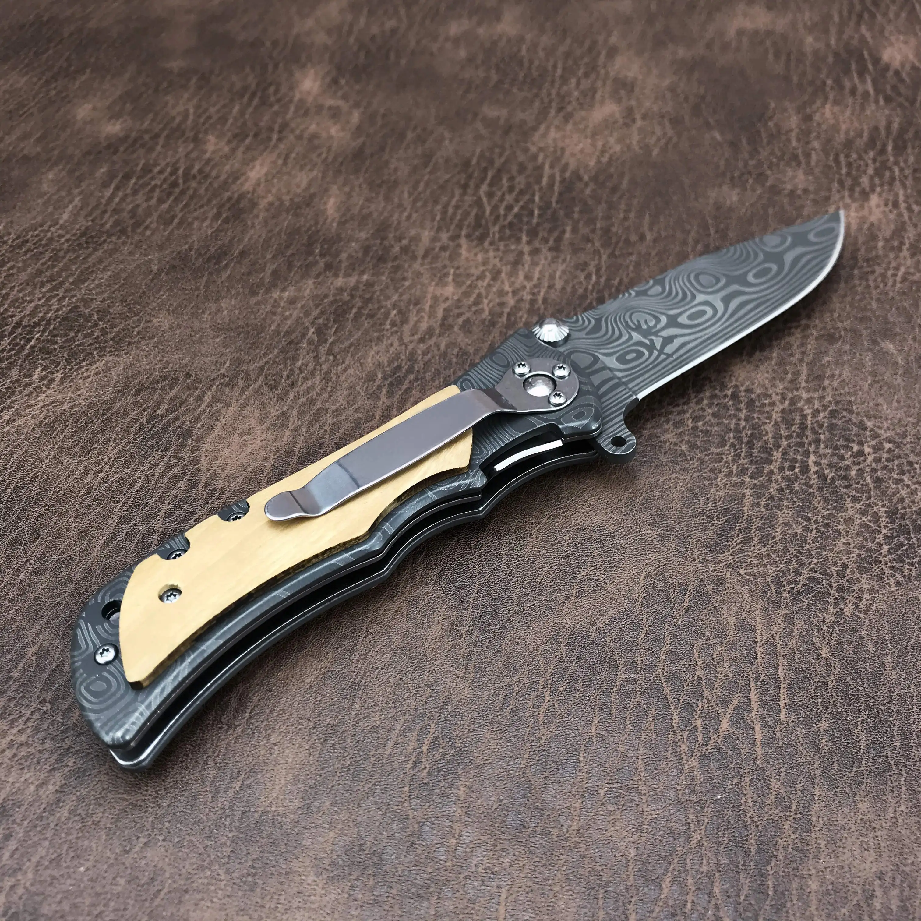 

Bearing Quick Opening Folding Pocket Knife,Damask Paint Blade Wooden Handle Knife,Outdoor Protable EDC Tool,field Survival Knife