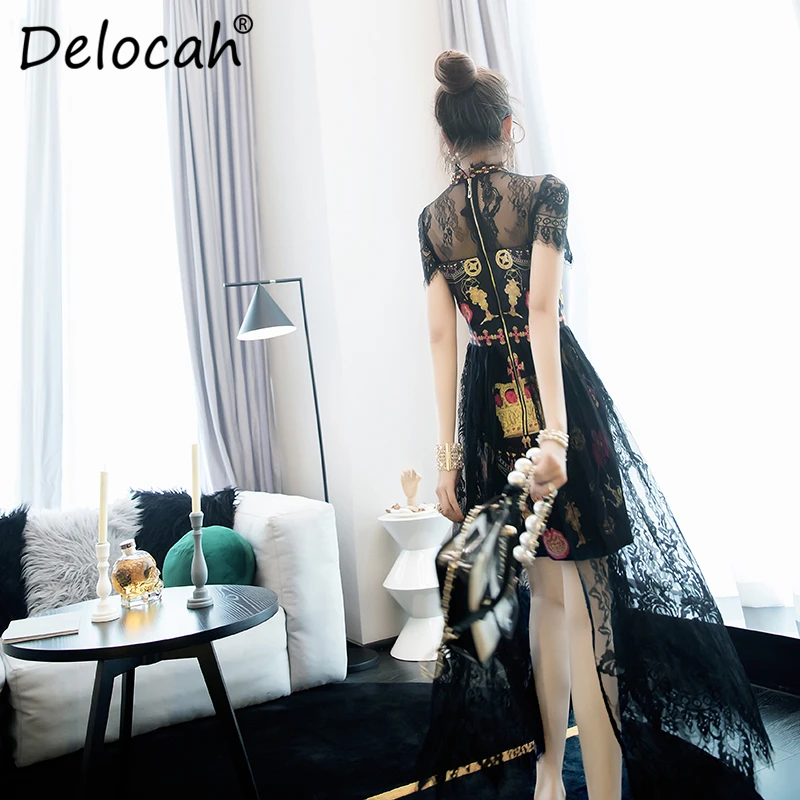 Delocah, новое модное летнее платье для подиума, женское платье с коротким рукавом, с принтом короны, кружевное платье с высокой талией, элегантные винтажные миди платья