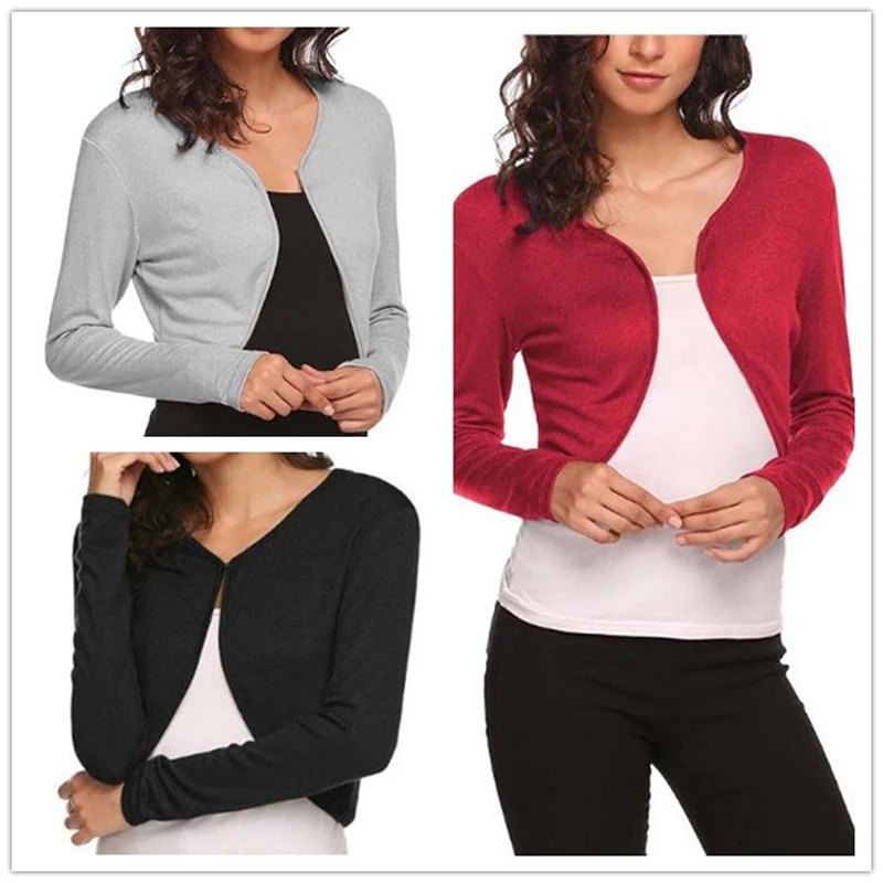 Женский элегантный короткий однотонный кардиган повседневный с длинным рукавом