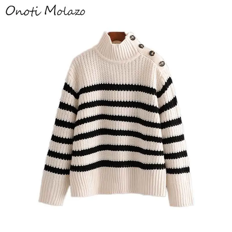 Onoti Molazo Casual Knitted Sweater Pullovers Women Striped Winter Buttons Elegant Ladies Chic Sweaters Femme 2019 New | Женская одежда
