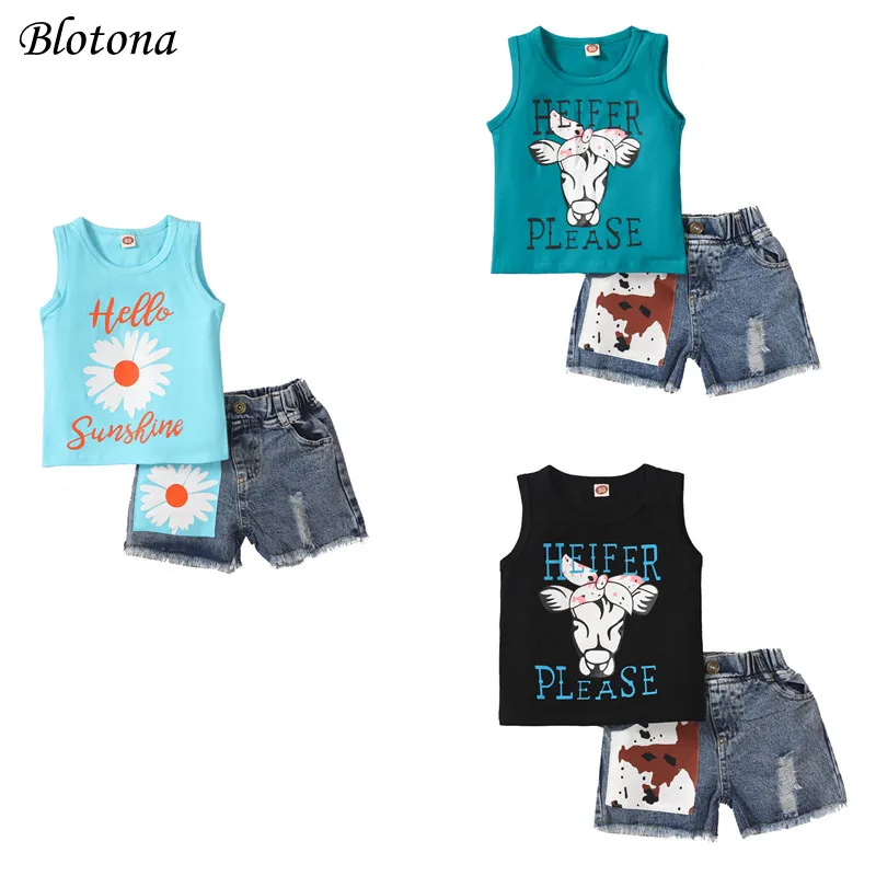 

Летний повседневный комплект детской одежды Blotona из 2 предметов, жилет с круглым вырезом и принтом и джинсовые шорты с эластичным поясом, чер...