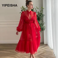 2021 red tulle a line long sleeves evening dress high neck lace underneath two pieces midi iiiusion party prom gowns