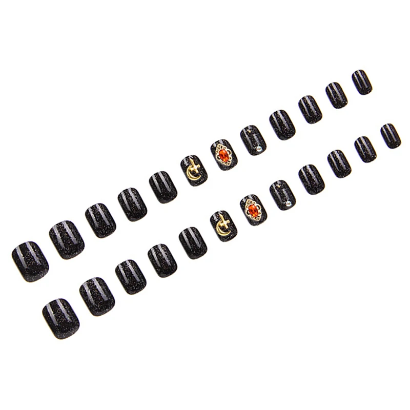 24pc/set Punk Rhinestone Fake Nails Short Round Head Full Cover Black Design Fashion Nail Art | Красота и здоровье