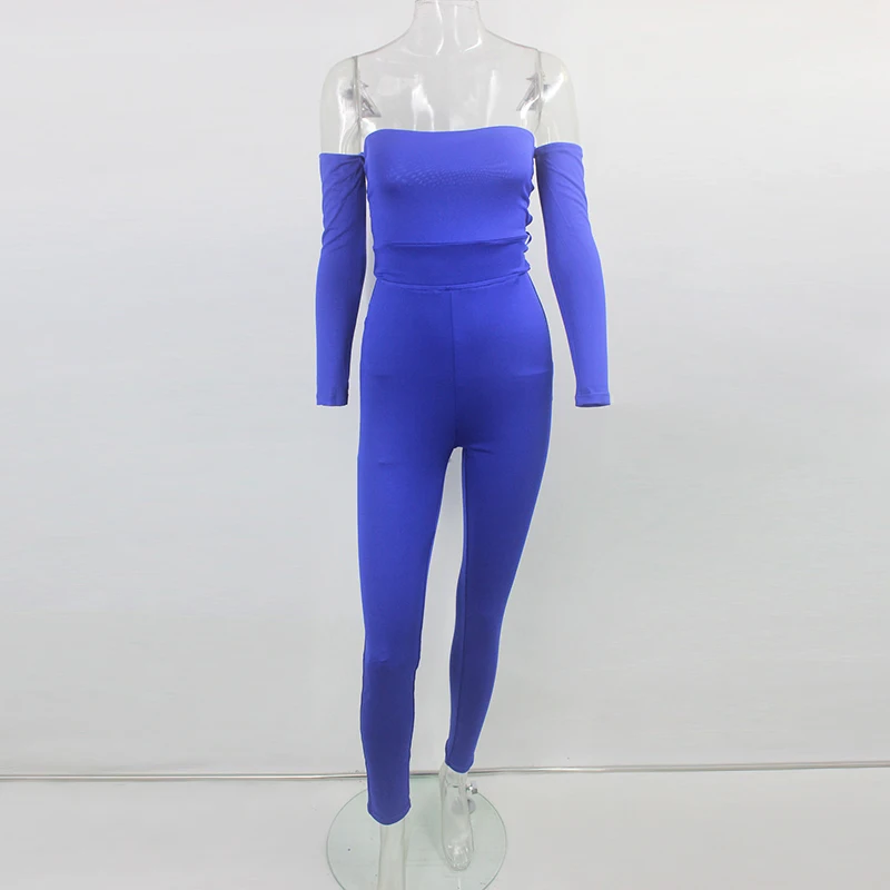 Женский комбинезон с длинным рукавом Fuedage голубой Облегающий вырезом лодочкой и