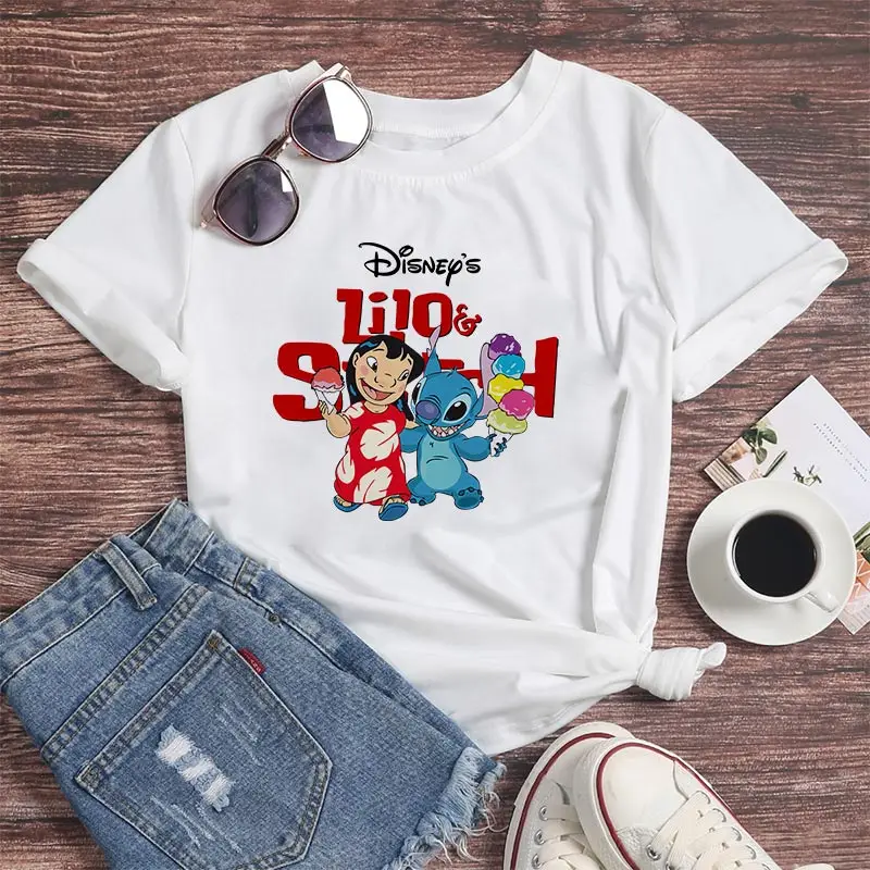 

Harajuku Kawaii Disney Women T-shirts Cute Cartoon Lilo and Stitch Print T Shirt Fashion Round Neck Short Sleeve Tops Tee Ladies