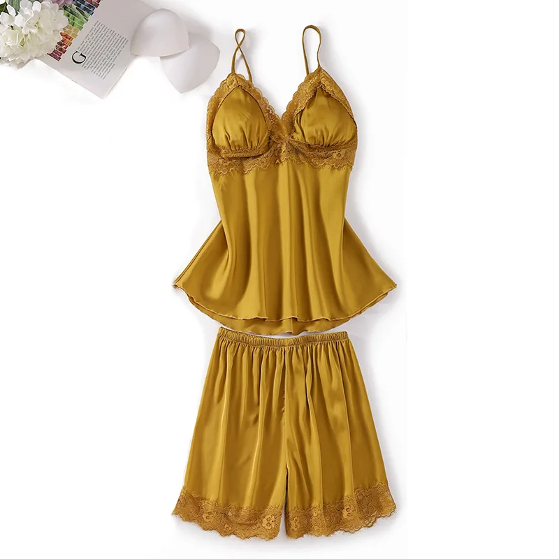 

Женская домашняя одежда, атласная ночная рубашка, комплект для сна, кружевная Домашняя одежда, комплект из 2 предметов, Пижамный костюм, летн...