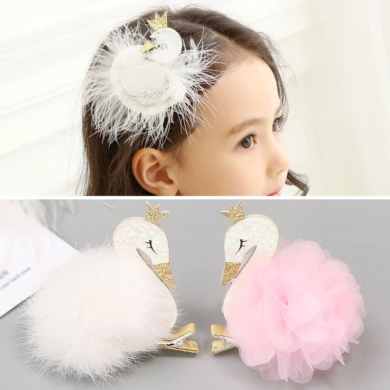 

3D Pearl Lace Swan Hairpins Sequined Glitter Feather Hair Clips Children Hair Accessories for Baby Girls Crown Flowers Headwear