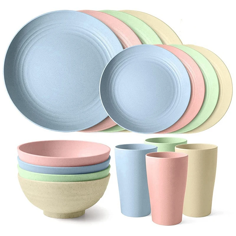

28 Pcs Camping Set, Lightweight Kitchen Cutlery Set,Unbreakable Kids Dinner Sets, Large Dinner Plates, Cups, Bowls