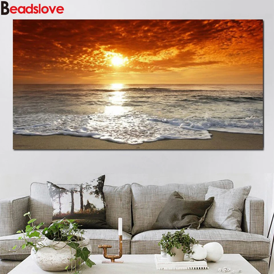 

Sunrise beach diamond painting sale,5d diy diamond embroidery full round drill 3 d diamond mosaic sea landscape home art,