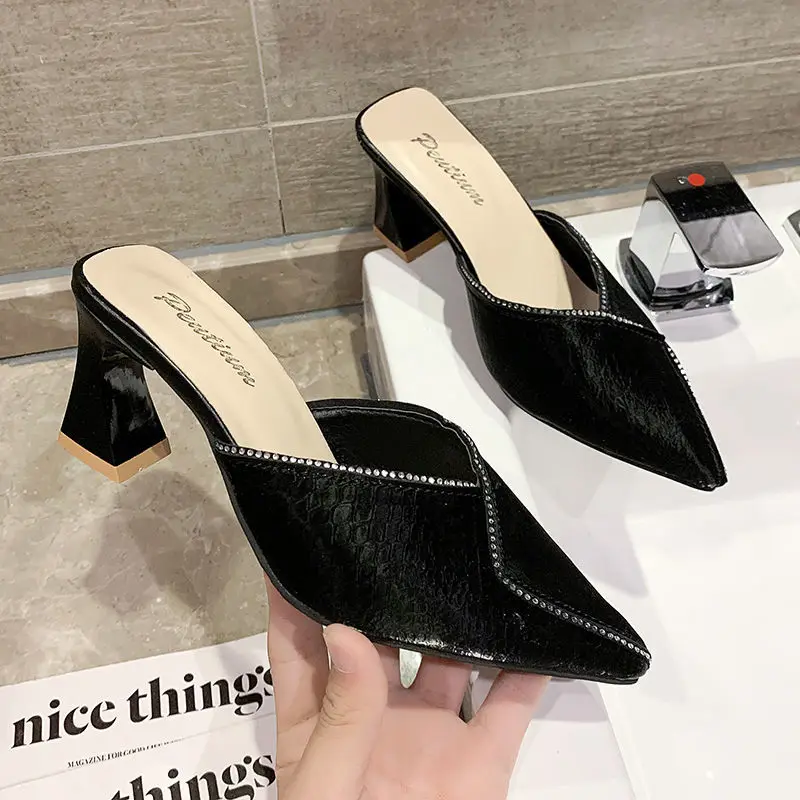 

Women Casual Black Pointed Toe High Quality Spring Square Heel Shoes Lady Fashion Beige Summer Heels Sapatos Zapatos Dama C9173