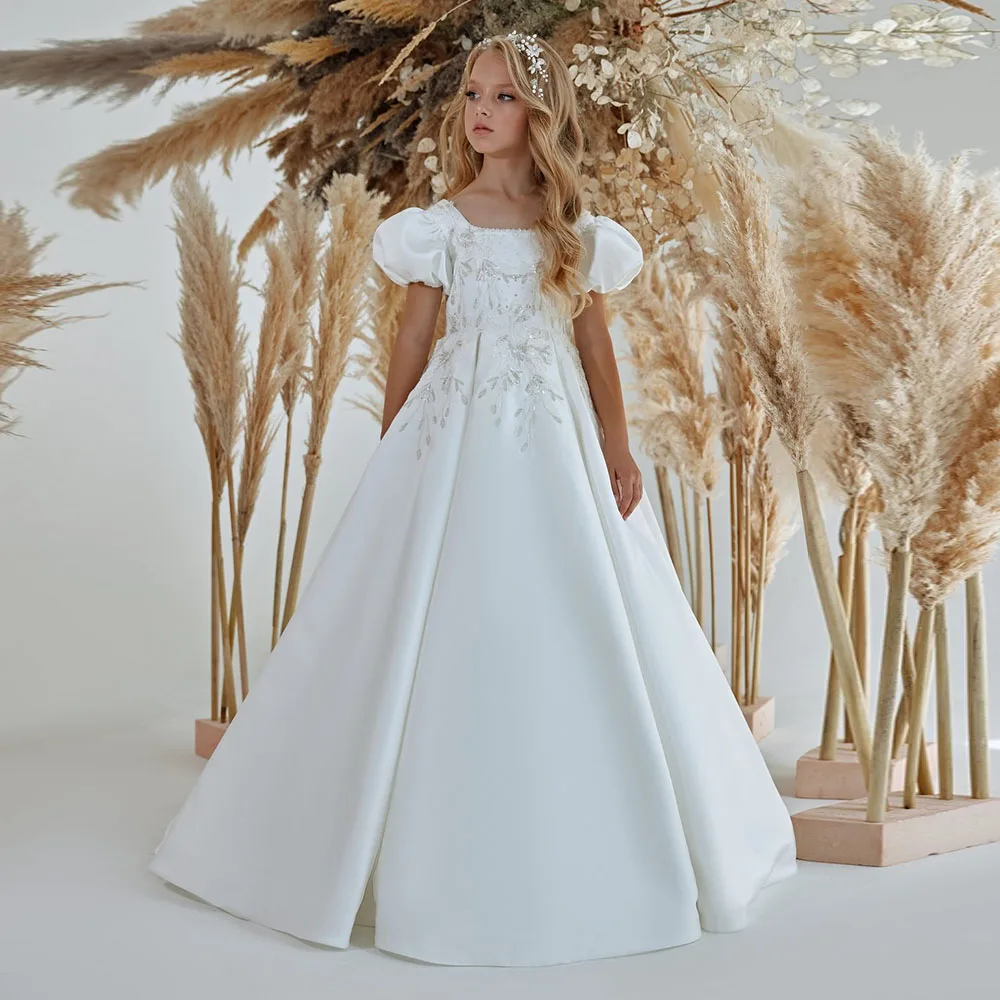 

High Quality White Satin Flower Girl Dress Short Sleeves With Sequin Beading Lace Up Back Floor Length Customize Children Robe