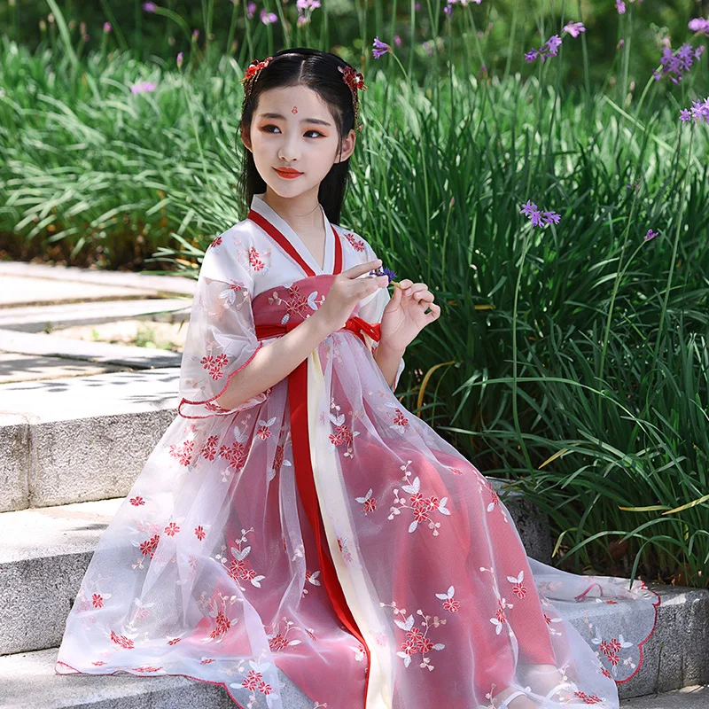 

Girls' Creative Embroidery Hanfu Chinese Style Children's Ancient Style Skirt Dress Girl Flower Pattern Performance CostumeLC141